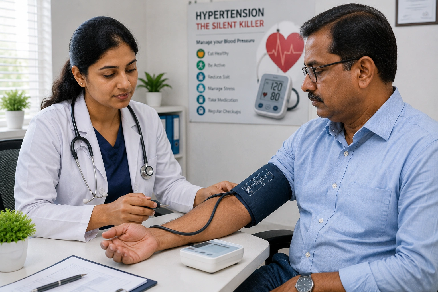 Doctor measuring a patient's blood pressure during a consultation